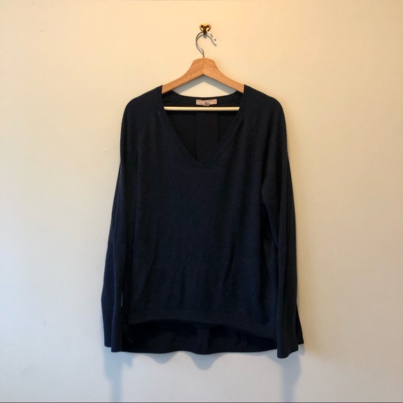Banana Republic Sweater with Merino Wool; Dark Blue V Neck with Satin-like Back - Picture 2 of 7